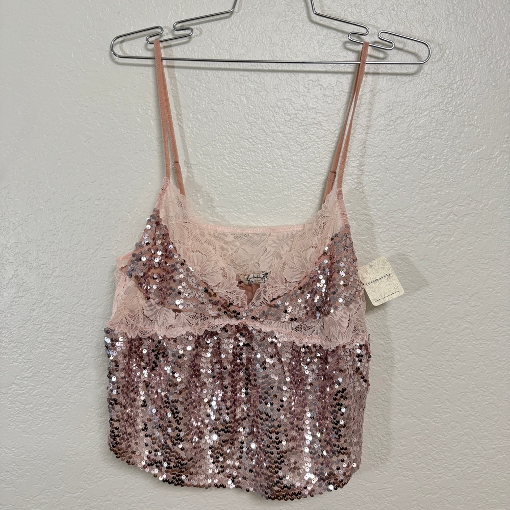 Free People Cami Womens S Pink Champagne Sequin Lace Trim Tank Top